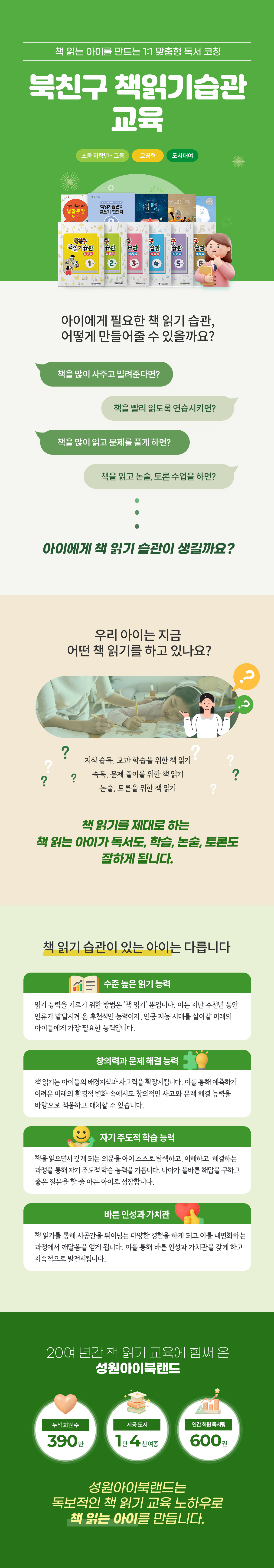 성원아이북랜드 북친구 책읽기습관 교육 메인 – 초등 저학년부터 고등 대상 1:1 맞춤형 방문 독서 코칭 및 학습 능력 향상 프로그램 안내. 단순 지식 습득이나 수동적 속독을 넘어서는 올바른 독서 습관의 중요성 강조. 수준 높은 읽기 능력, 창의력과 문제 해결 능력, 자기주도 학습 능력, 바른 인성과 가치관 형성 및 20여 년 노하우 신뢰 데이터(누적 회원 390만 명, 제공 도서 1만 4천여 종, 연간 회원 독서량 600만 권) 안내