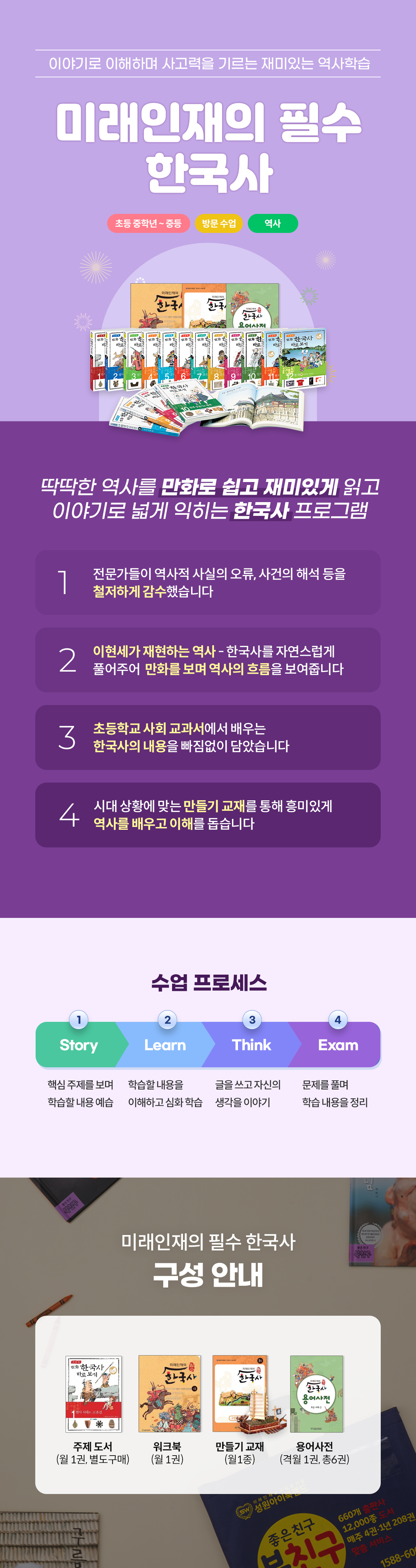 성원아이북랜드 미래인재의 필수 한국사 메인 - 초등 중학년부터 중등 대상 만화와 이야기로 재미있게 넓게 익히는 1:1 방문 한국사 프로그램 안내. 4대 특장점(1. 전문가의 역사적 사실·사건 해석 철저 감수, 2. 이현세가 재현한 만화 역사로 자연스러운 흐름 이해, 3. 초등 사회 교과서 한국사 내용 완전 수록, 4. 시대 상황 맞춤 만들기 교재를 통한 흥미 중심 역사 학습) 및 4단계 수업 프로세스(1단계 Story 주제 보며 예습 → 2단계 Learn 이해·심화 학습 → 3단계 Think 글 쓰며 생각 나누기 → 4단계 Exam 문제 풀이 내용 정리) 안내. 교재 종합 구성: 주제도서(월 1권, 별도구매) + 워크북(월 1권) + 만들기 교재(월 1종) + 용어사전(격월 1권, 총 6권)